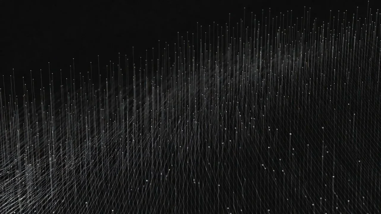 A digital abstract visualization of interconnected white dots and lines forming a wave-like pattern on a black background.