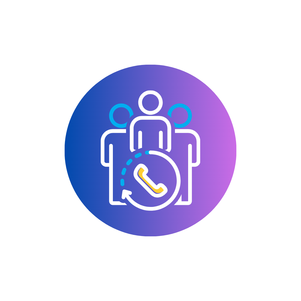 Icon illustrating a group of three people with a clock and phone symbol, representing scheduling or calling for appointments.