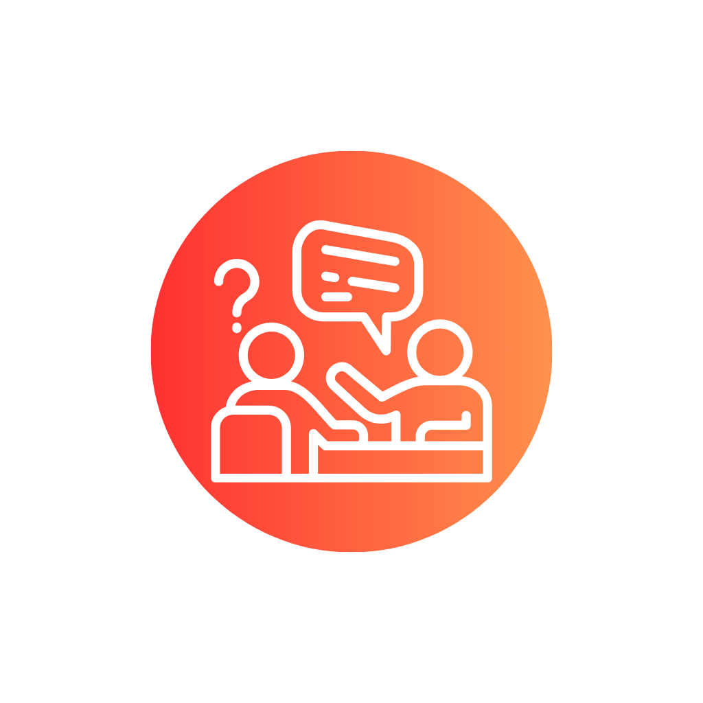 Outline of two people sitting at a table, one asking a question and the other responding with a speech bubble.