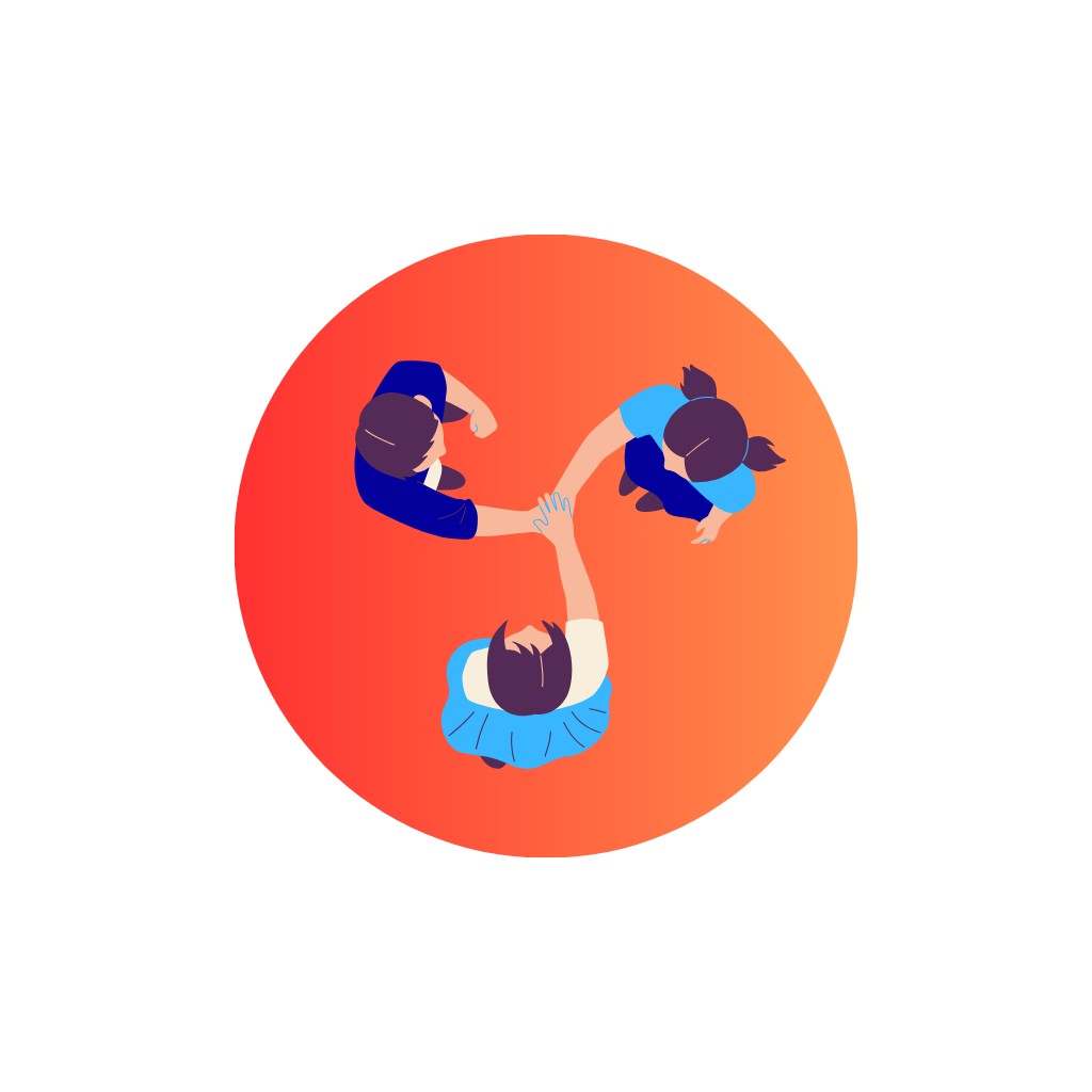 Three people sitting in a circle holding hands from a top view on a gradient red and orange floor.