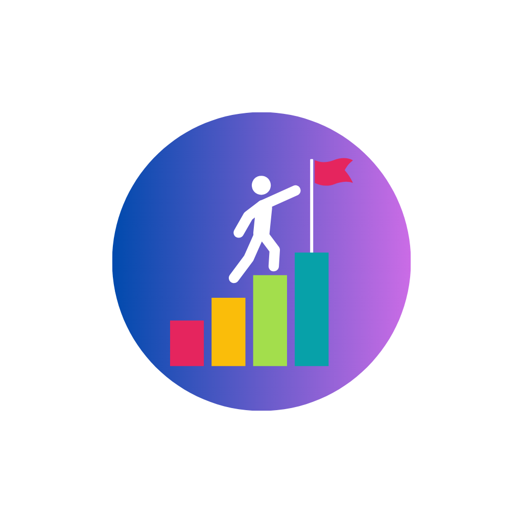 A graphic with a person climbing colorful bars towards a flag on top, symbolizing progress or achievement.