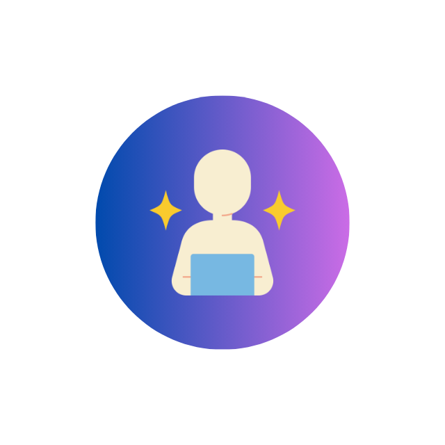 An illustrated person working on a laptop with a purple and blue gradient background and two yellow stars.