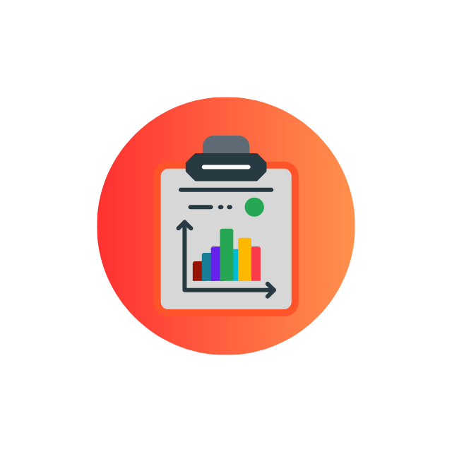 Clipboard with a colorful bar graph, green dot, and upward trend arrow, on an orange and pink gradient background.