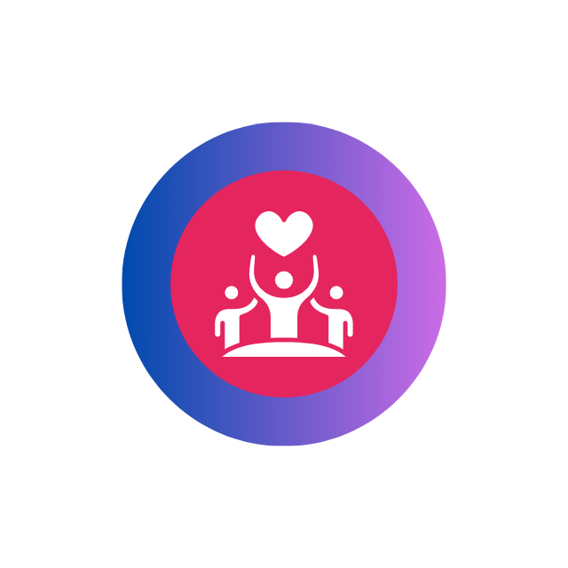 Icon showing three people with a heart above them, symbolizing community or support, inside a pink circle on a digital gradient background.