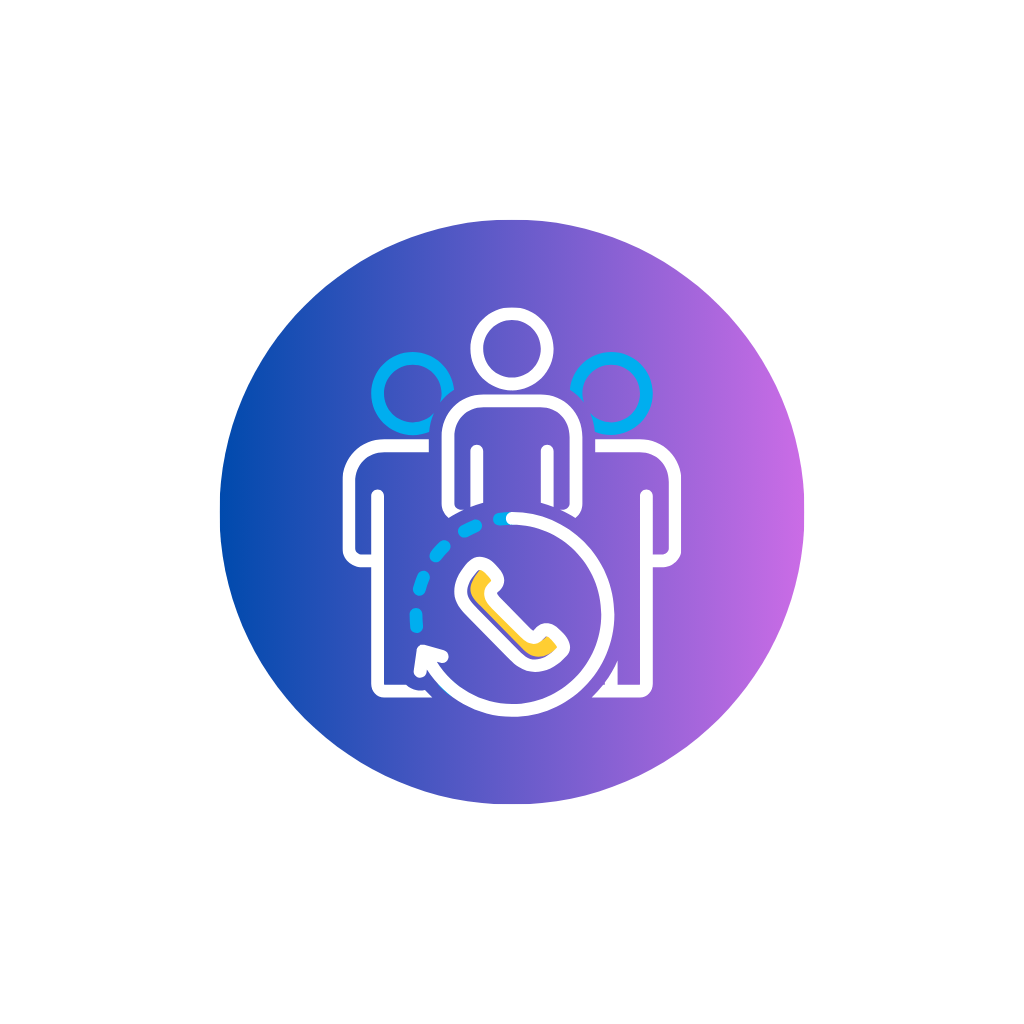 Icon of three people with a clock and phone symbol, representing scheduling or appointment reminder.