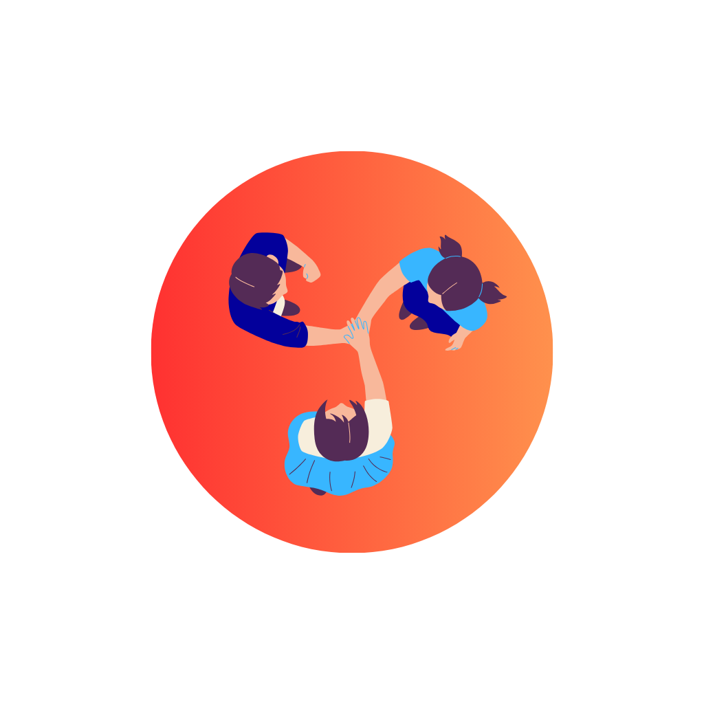 Overhead view of three people holding hands in a circle on an orange circular floor mat.