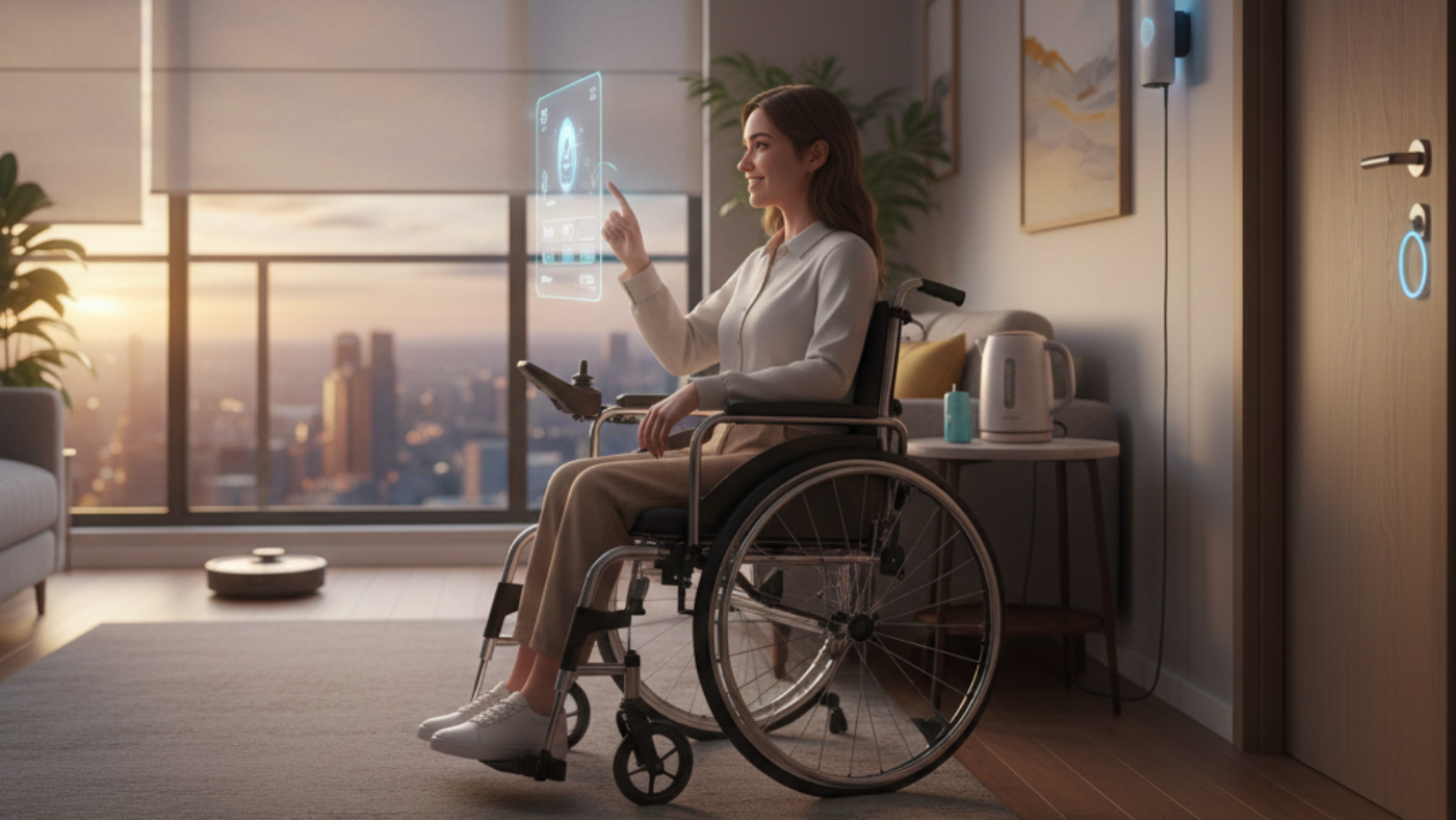 A woman in a wheelchair interacting with a holographic interface in a modern apartment with a city view at sunset.