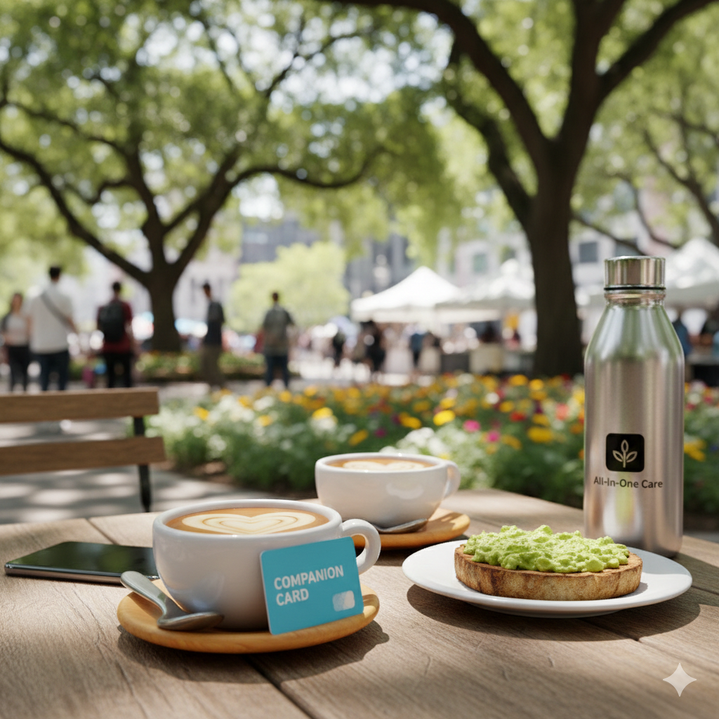 Two cups of coffee with latte art, a plate with toast topped with green spread, a stainless steel water bottle labeled 'All-in-One Care', and a smartphone on a wooden table outdoors with trees, flowers, and market stalls in the background.