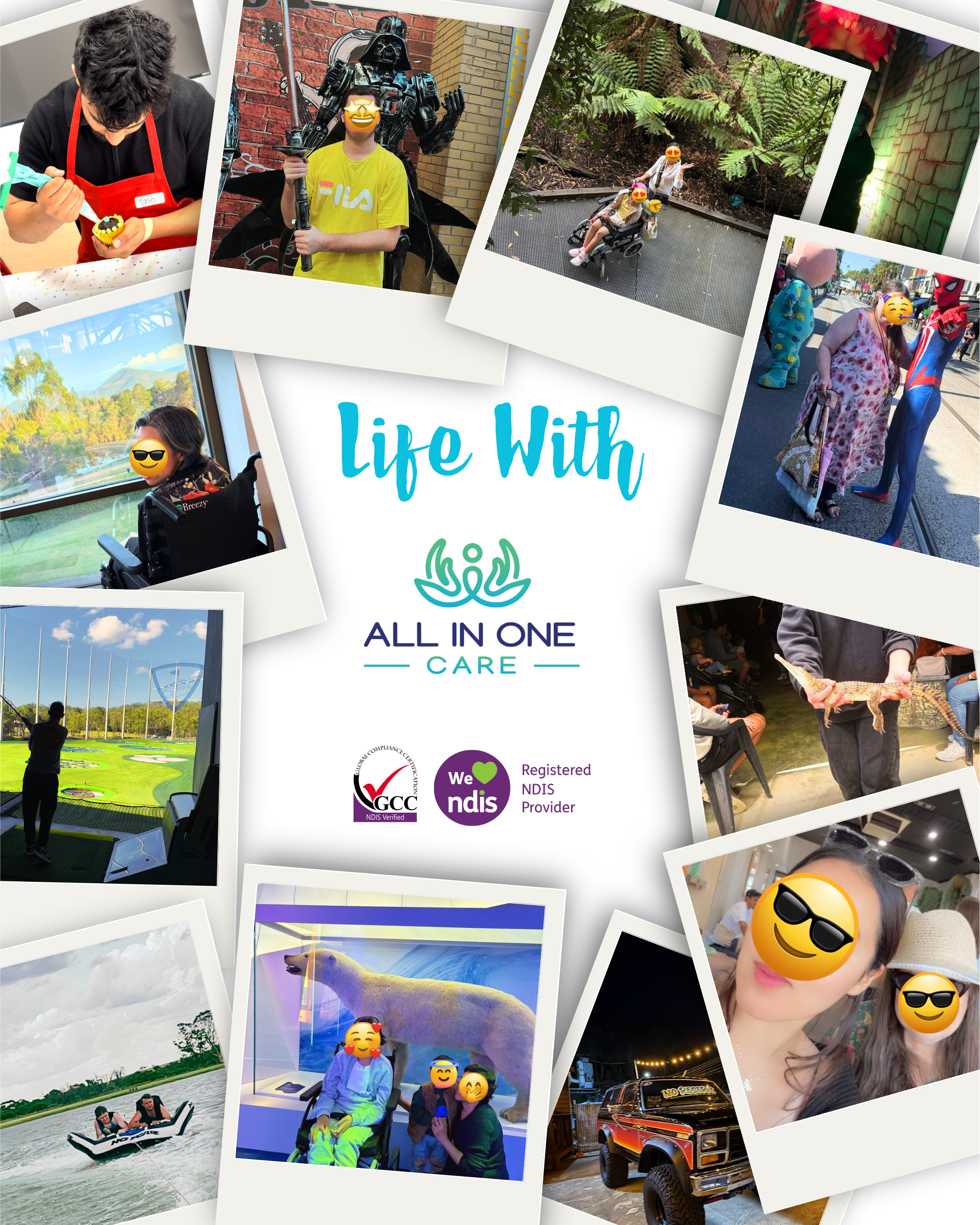 Collage of various activities including crafting, meeting a Stormtrooper, outdoor nature exploration, visiting a theme park, playing golf, kayaking, viewing animals, and socializing, with the central text "Life With All In One Care" and logos for NDIS and registered provider.