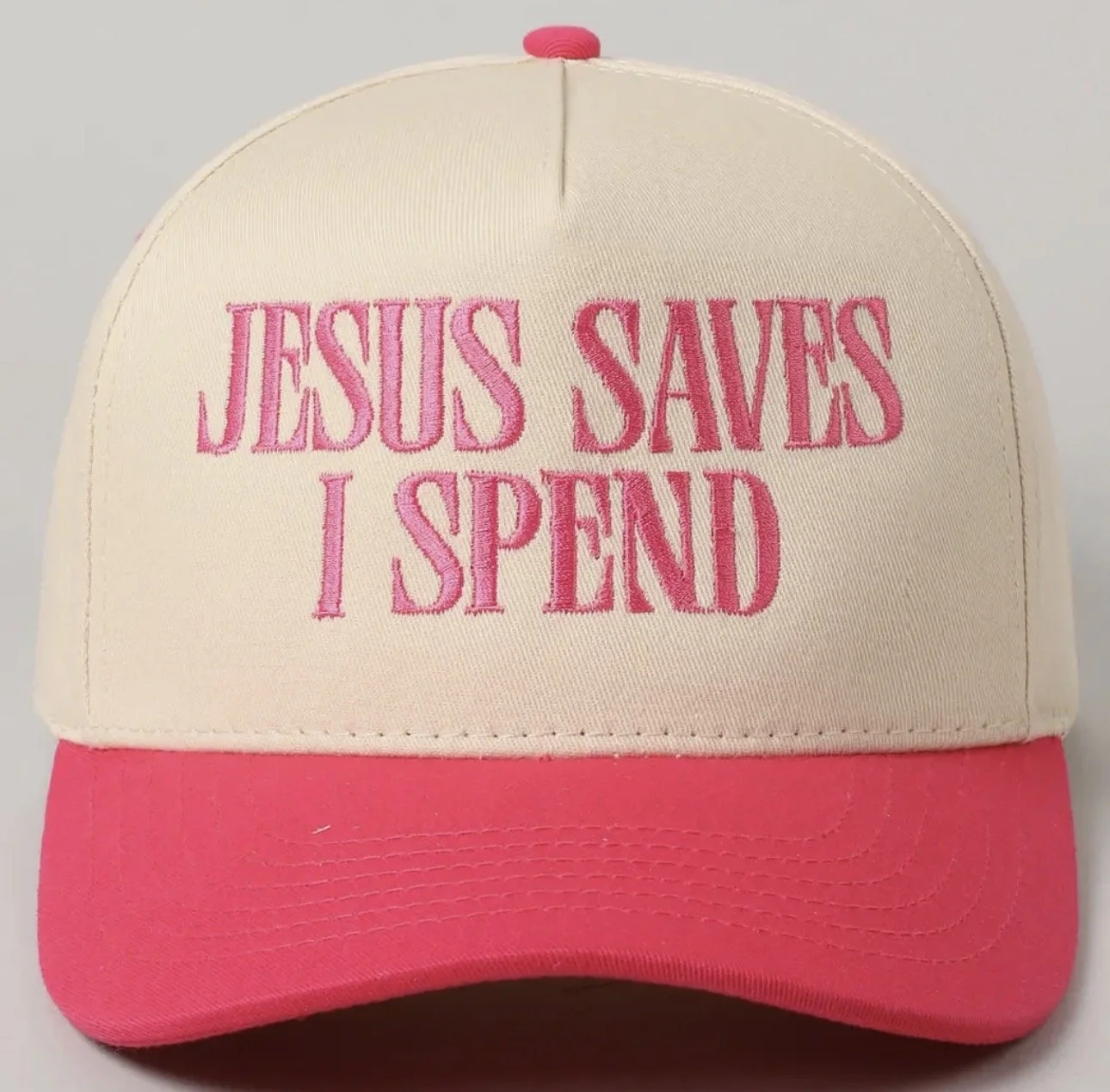 Jesus Saves I Spend Embroidery Trucker Hat (Hot Pink)