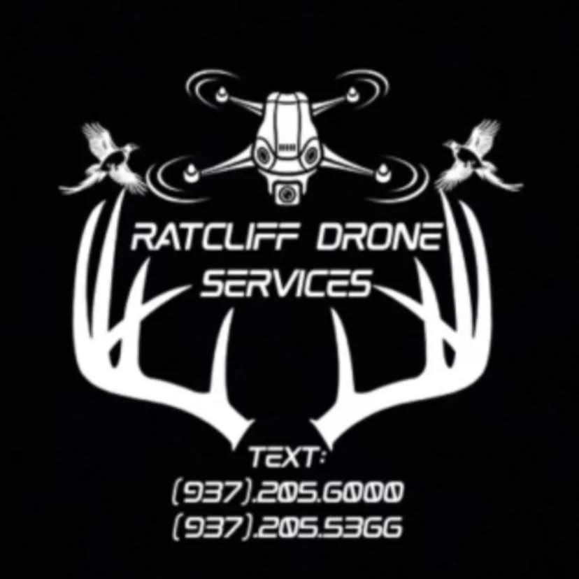 Logo for Ratcliff Drone Services featuring a drone flying above antlers and two birds, with contact phone numbers listed.