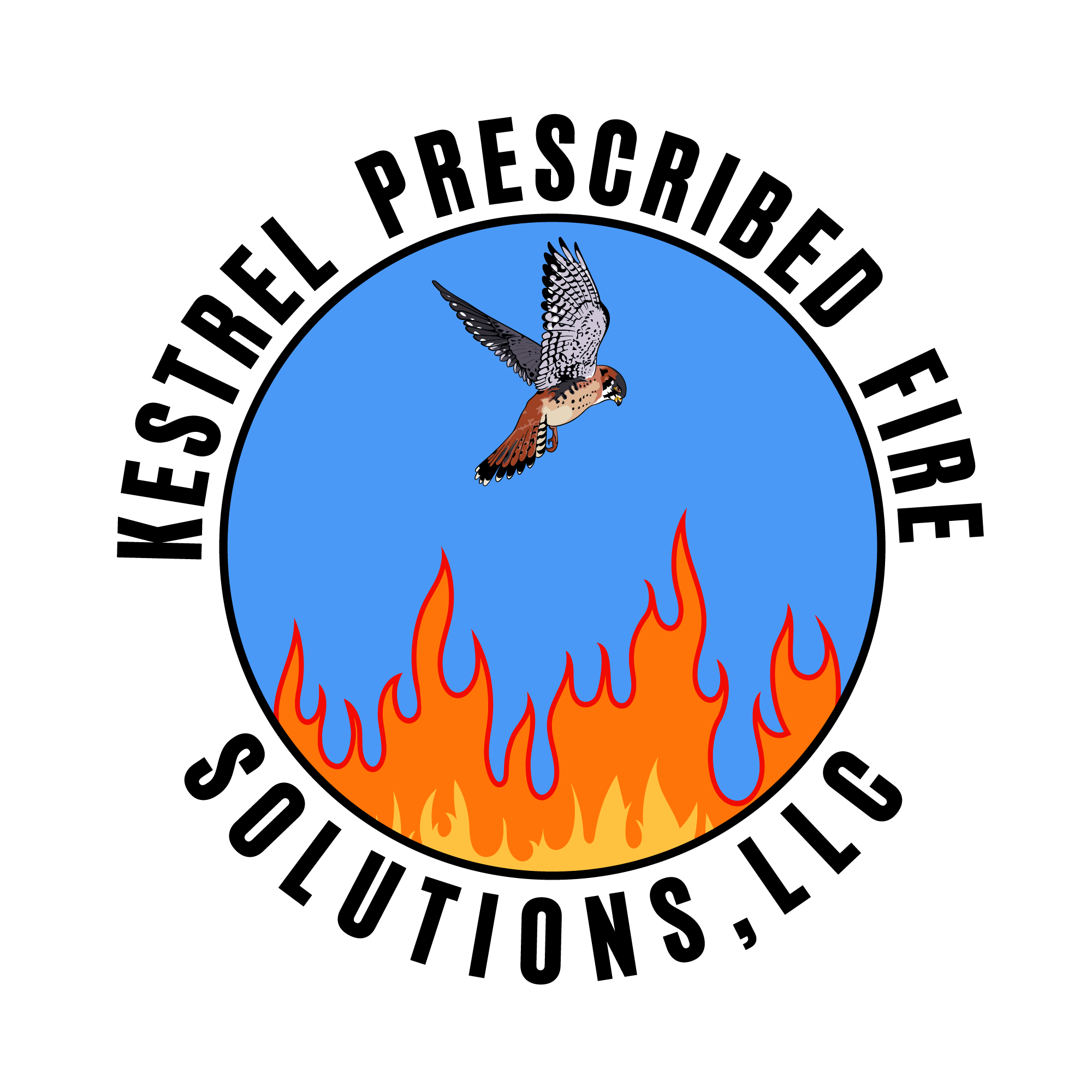 A bird flying above flames within a blue circular background. Kestrel Prescribed Fire Solutions, LLC Logo