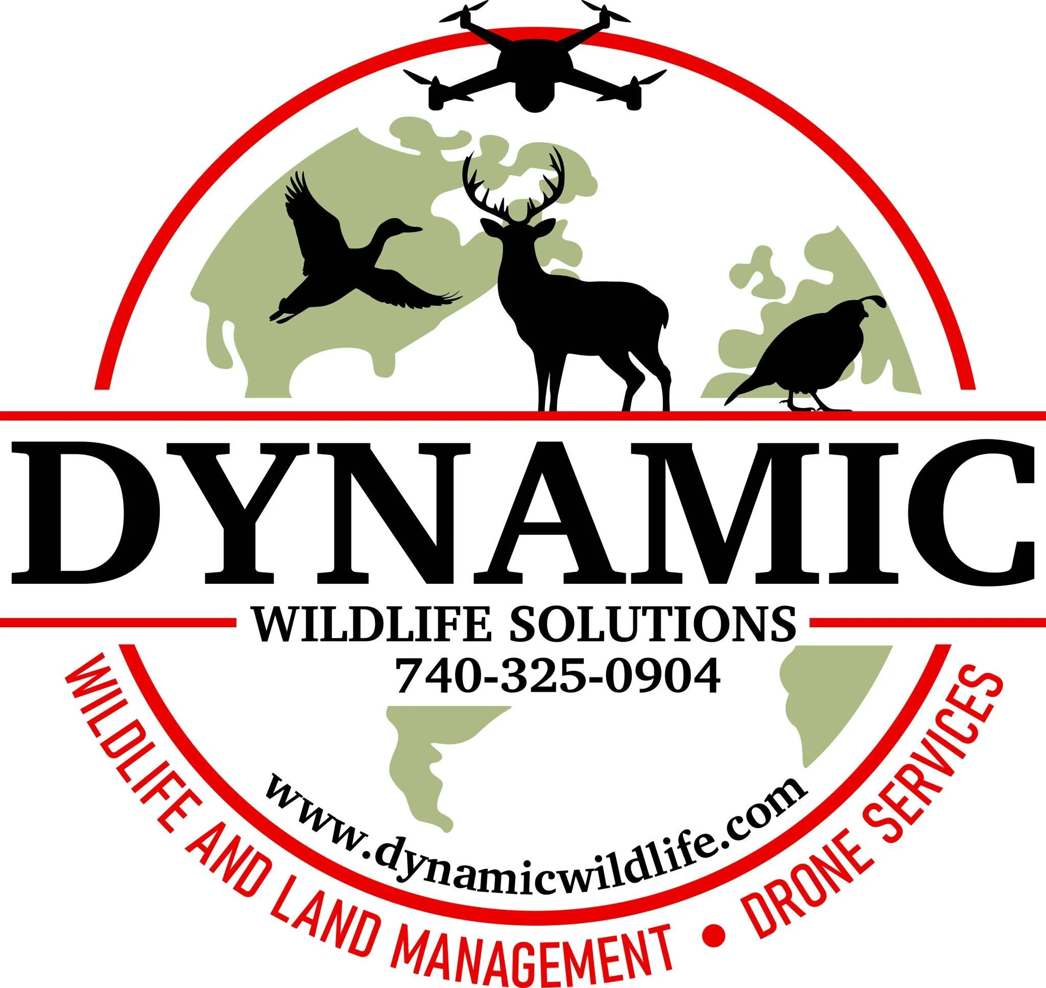 Logo for Dynamic Wildlife Solutions featuring a black drone flying above a stylized map of the world with wildlife images, including a deer, a bird, and a woodcock, and contact information.
