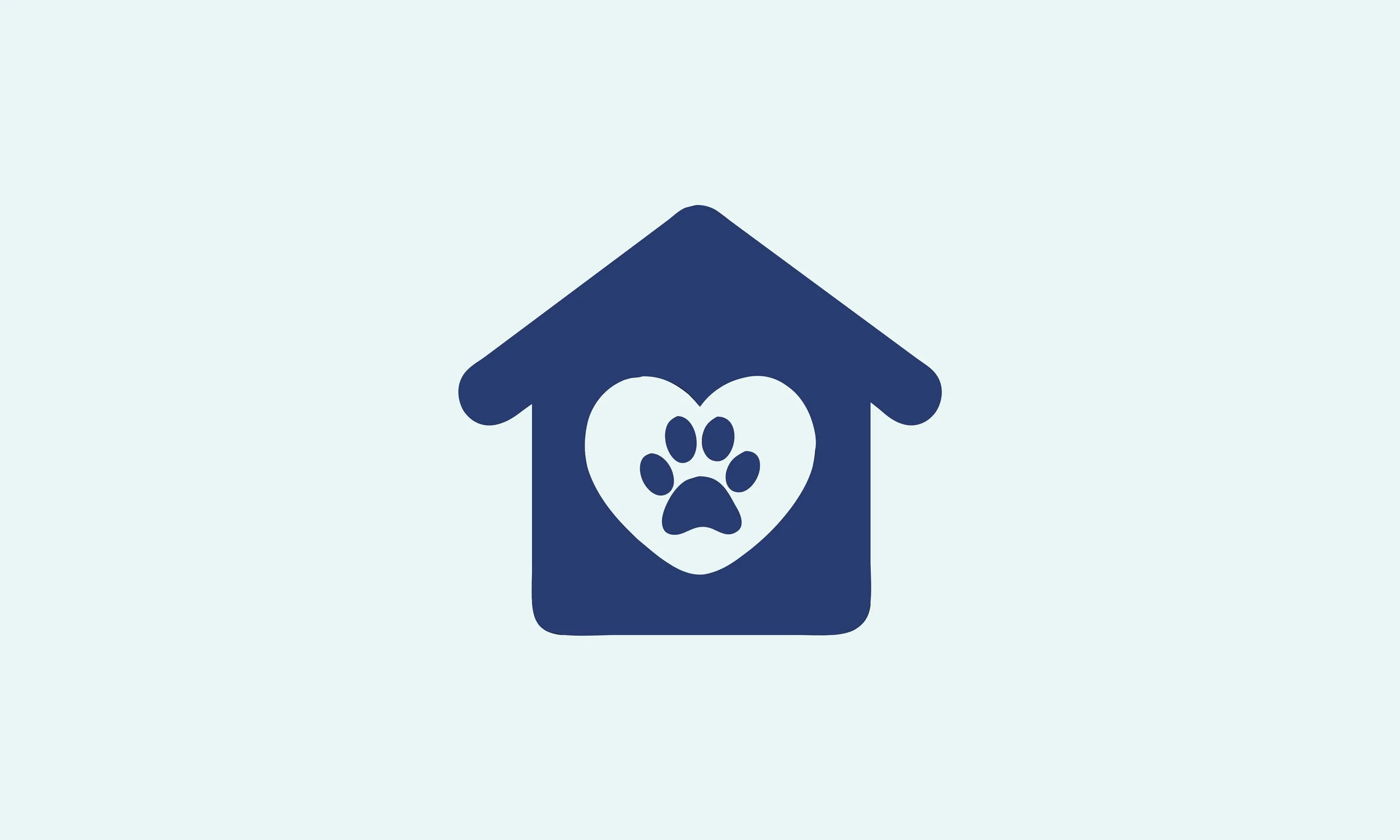 Icon of a doghouse with a paw print inside a heart shape.