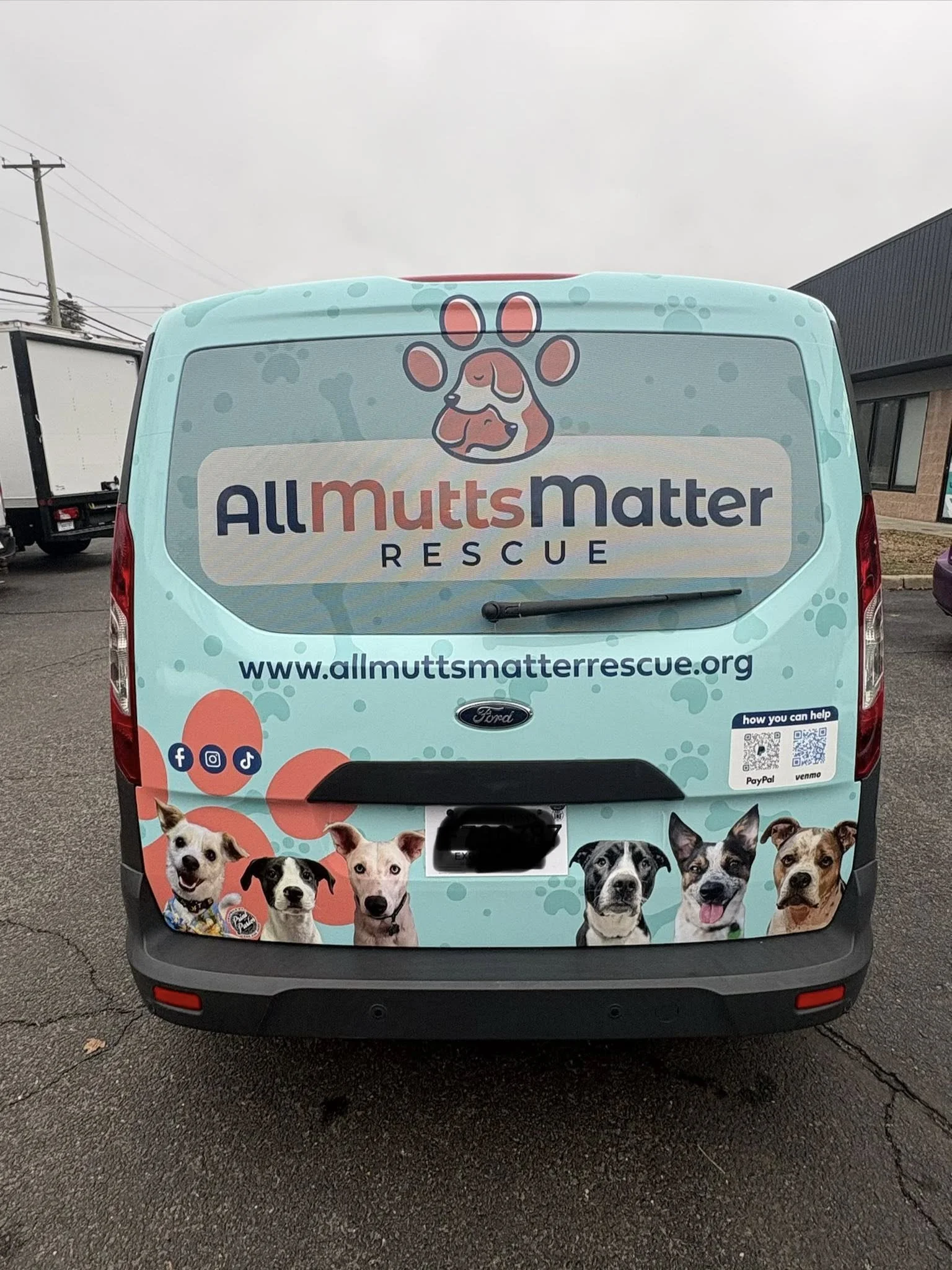 Back of a light blue rescue van for All Mutts Matter Rescue with pictures of six dogs at the bottom, the rescue's logo with a paw print on top, website URL, social media icons, and a QR code.