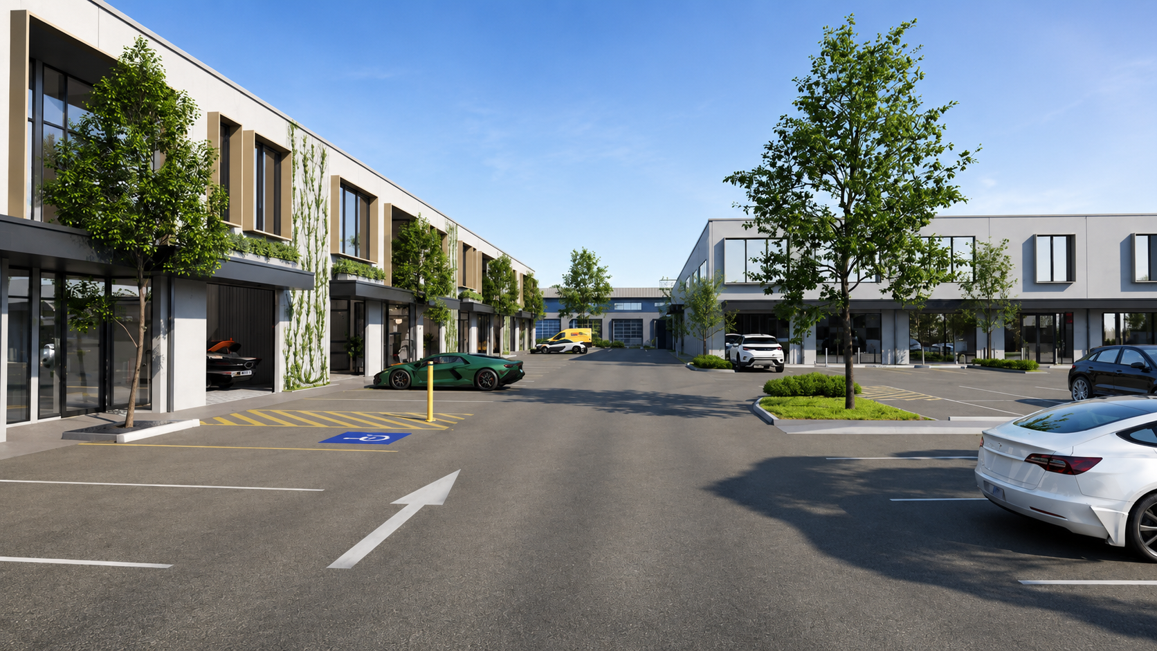 Courtyard and parking at The Sheds Virginia industrial warehouse complex