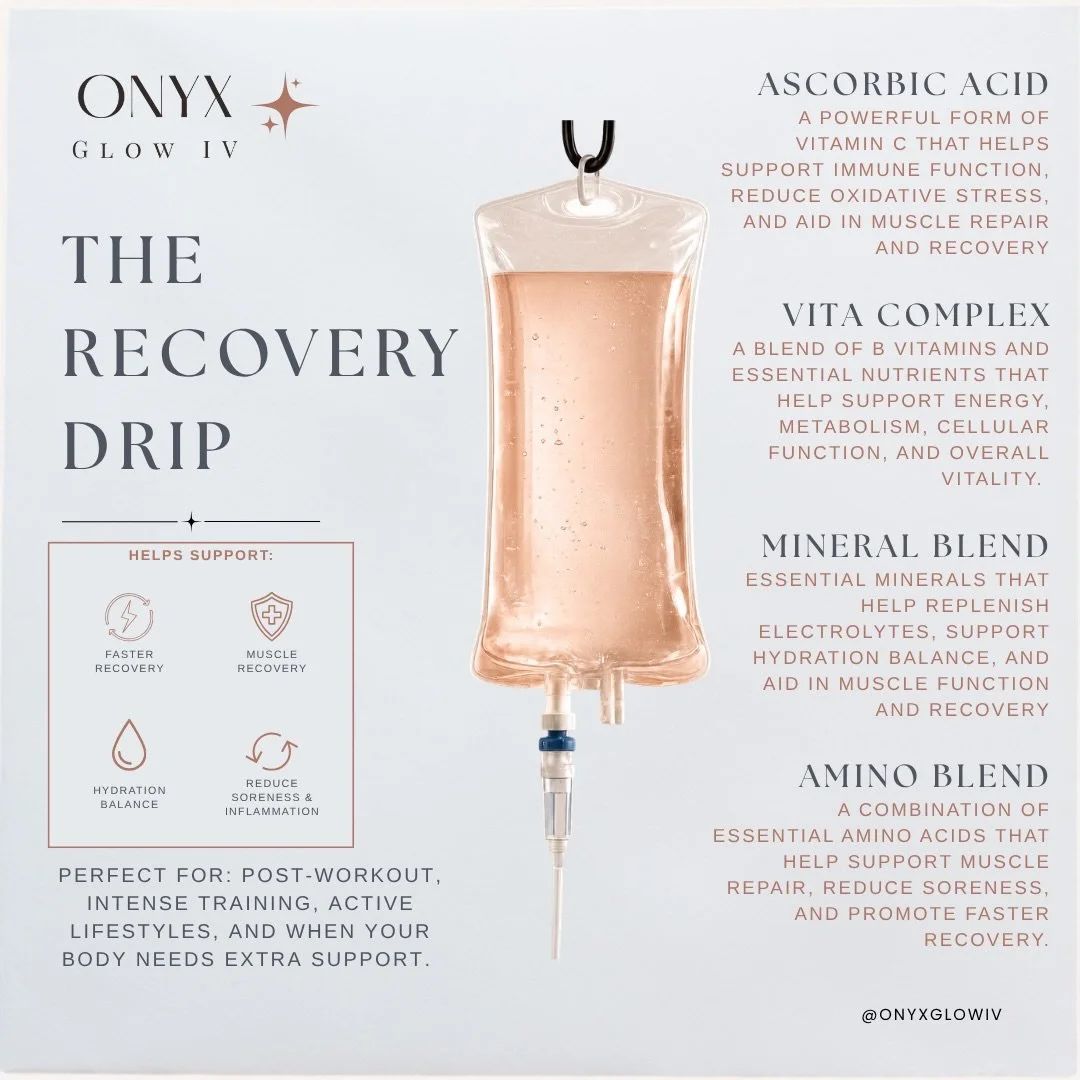 What is in our Recovery Drip? 💪🏼

Our Muscle Recovery Drip is designed to help support hydration, muscle recovery, performance, and post-workout wellness with a blend of amino acids, vitamins, minerals, and antioxidants. ✨

Perfect for:
&bull; inte