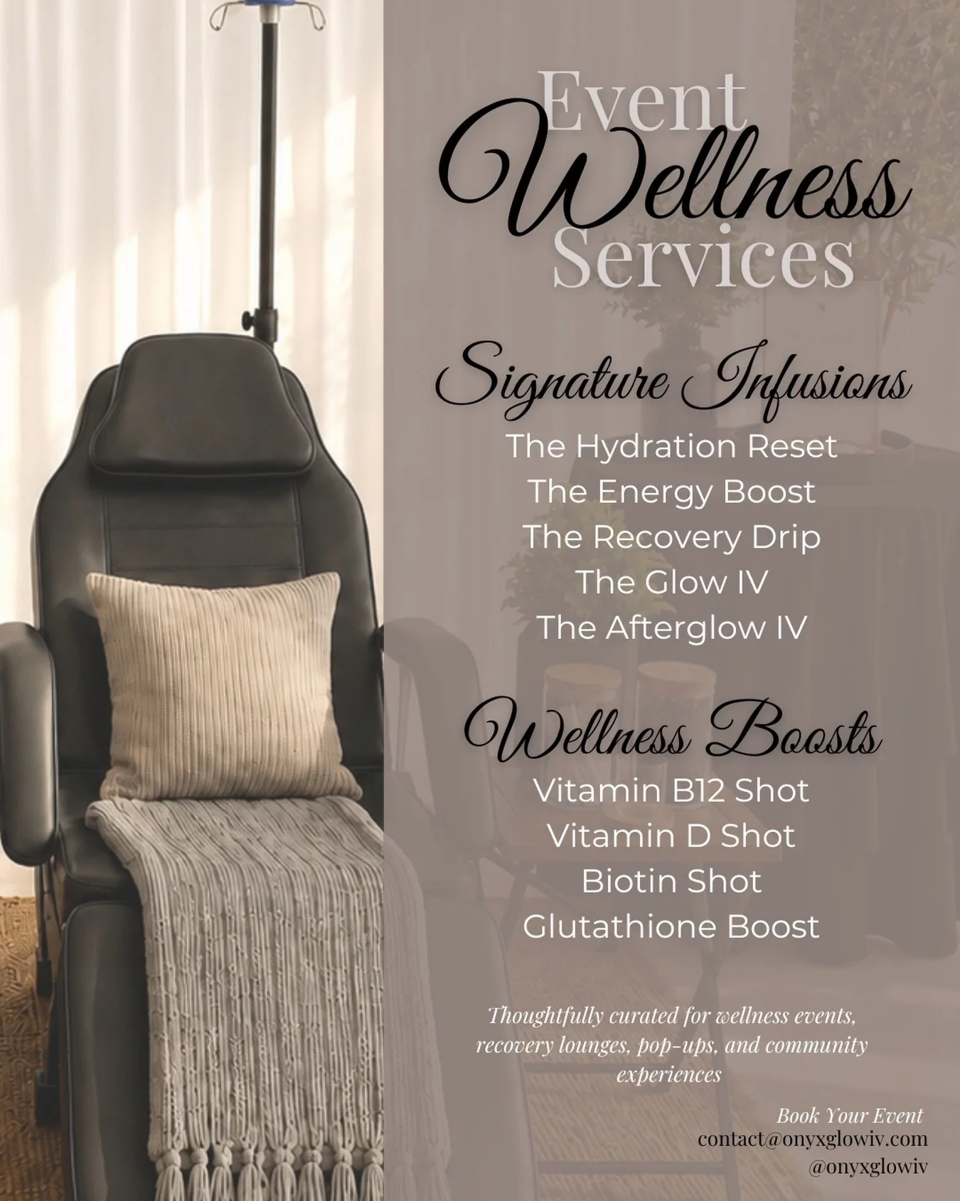 Wellness experiences, thoughtfully curated. 🤎

Our current event wellness menu was intentionally designed to keep things simple, elevated, and experience focused &mdash; offering a selection of recovery, hydration, glow, and wellness favorites perfe