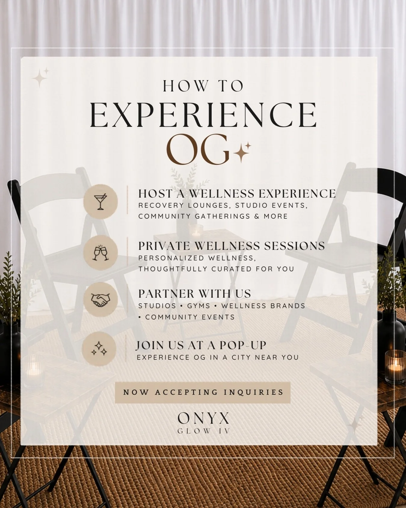 Wellness was never meant to be one-size-fits-all 🤍

Onyx Glow IV was created to bring wellness into the spaces where people already gather &mdash; studios, events, celebrations, communities, and everyday moments that deserve a little more intention.