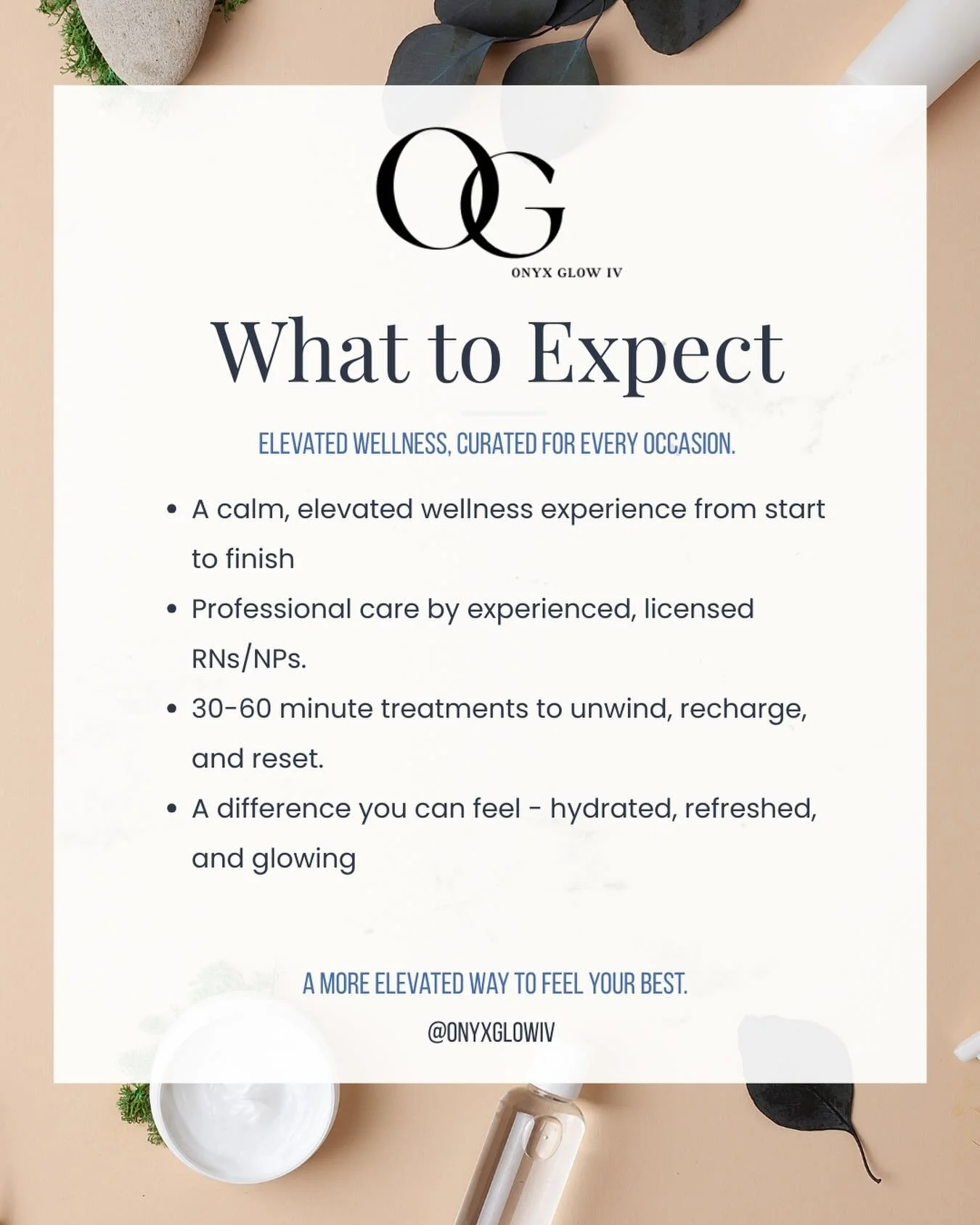 Your experience matters just as much as your results.

At Onyx Glow IV, every detail is designed to make your treatment feel effortless, comfortable, and elevated&mdash;from the moment you book to the moment you leave.

Expect professional, RN-led ca