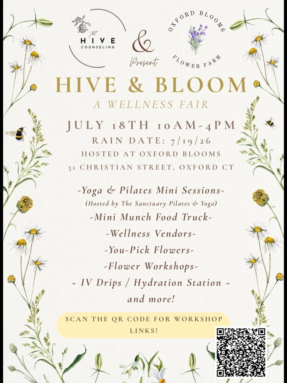 🌿✨ We&rsquo;re so excited to be joining the first-ever Hive &amp; Bloom Wellness Fair! ✨🌿

Spend the day surrounded by flowers, wellness, and community at beautiful Oxford Blooms Flower Farm on Saturday, July 18th. 🌷

Here&rsquo;s just a glimpse o