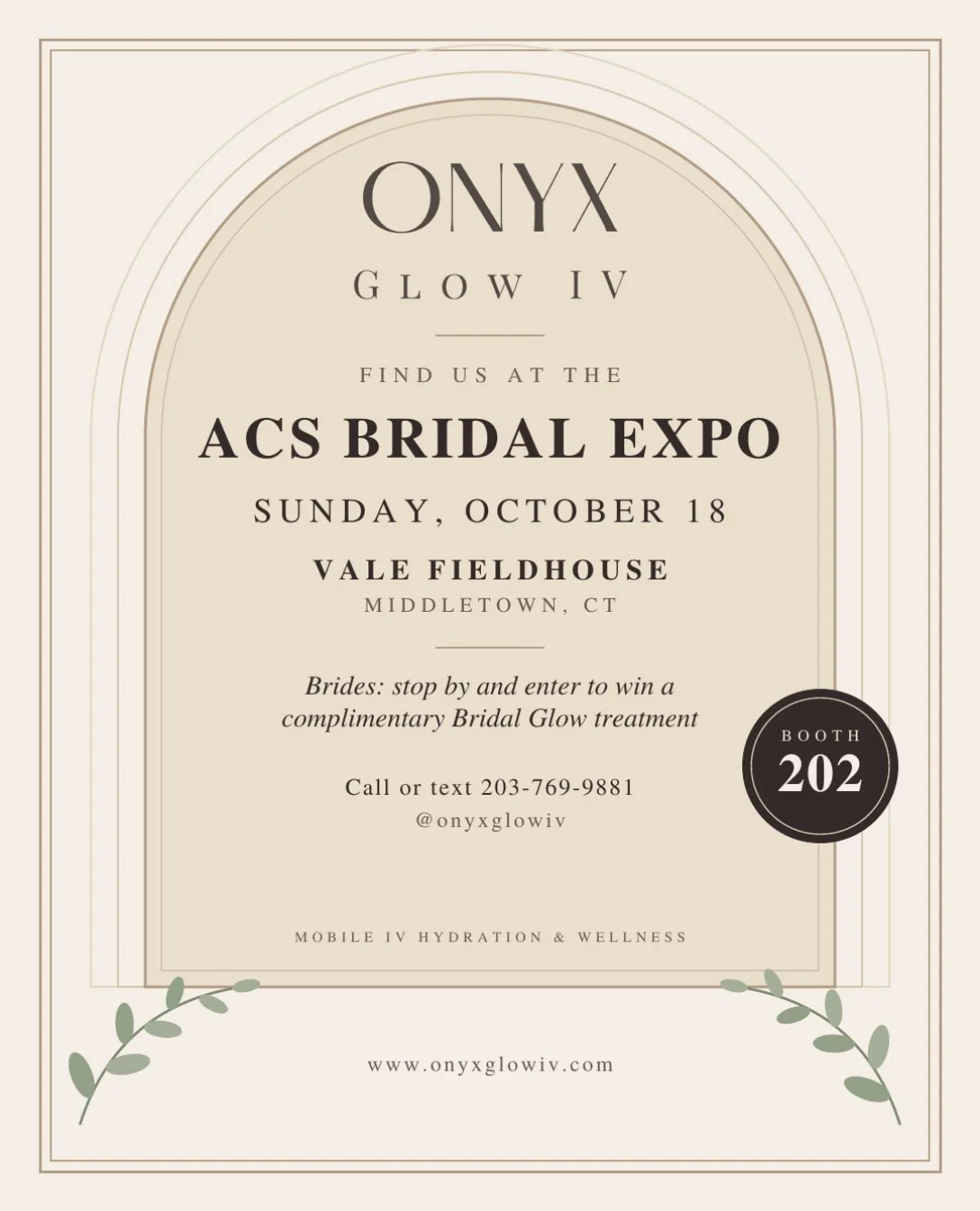 Brides, we&rsquo;re coming to you! 💍

Find Onyx Glow IV at the ACS Bridal Expo this Sunday, 10/18, at Vale Fieldhouse in Middletown, CT.

Stop by our booth to meet our team, see our bridal party packages, and enter to win a complimentary Bridal Glow
