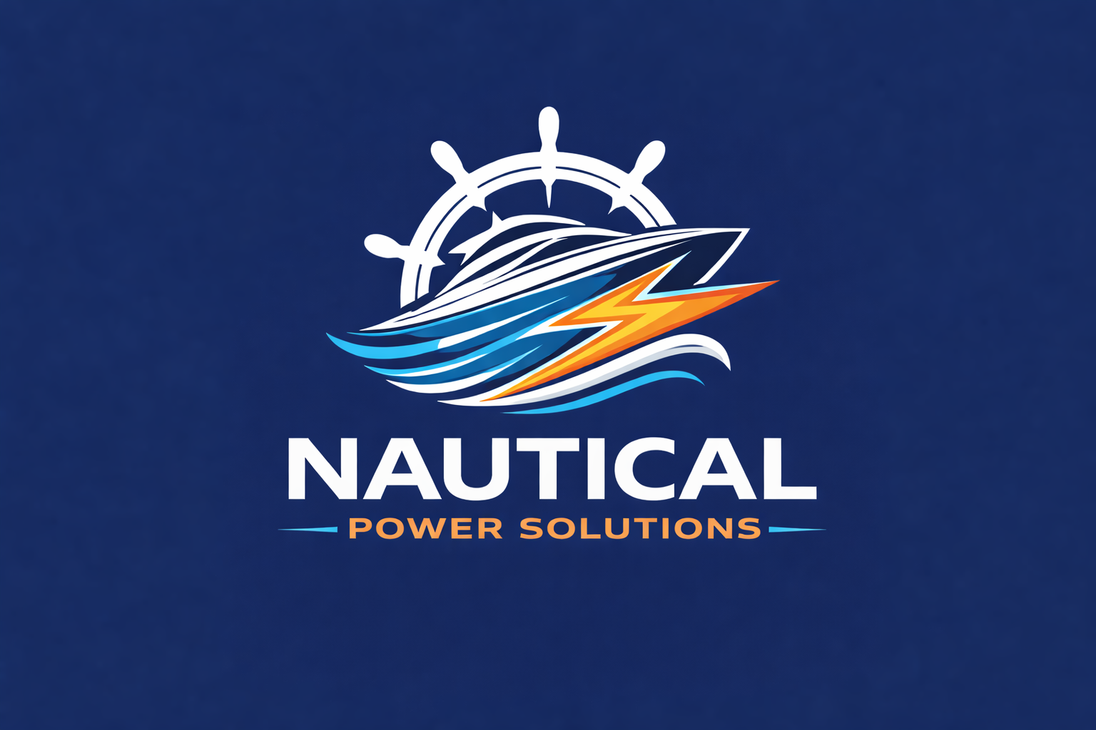 Nautical-themed logo featuring a stylized ship, waves, and a lightning bolt with the text 'NAUTICAL POWER SOLUTIONS' on a navy blue background.
