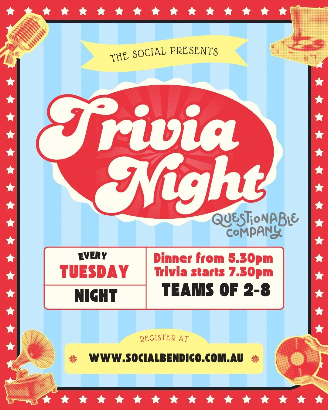 Colorful poster for trivia night hosted by Questionable Company, every Tuesday night with dinner from 5:30 pm and trivia starting at 7:30 pm, teams of 2 to 8, with registration at socialbendig.com.au.