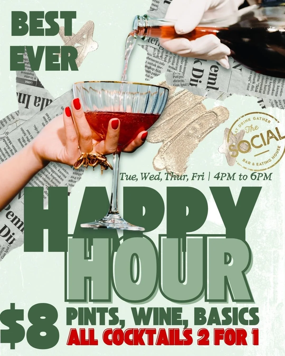 FRIDAYS never looked so good. $8$8$8$8$8$8
~ $8 Schooners &amp; Pints
~ $8 Basics
~ $8 Wine &amp; Bubbles
4pm - 6pm Tuesday, Wednesday, Thursday &amp; Friday