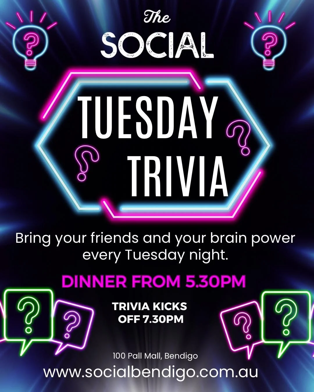 Tonight  and every Tuesday night. Grab your friends, grab your work colleagues. Book ahead or just wander in.  dinner from 5:30 pm, Trivia starts 730.