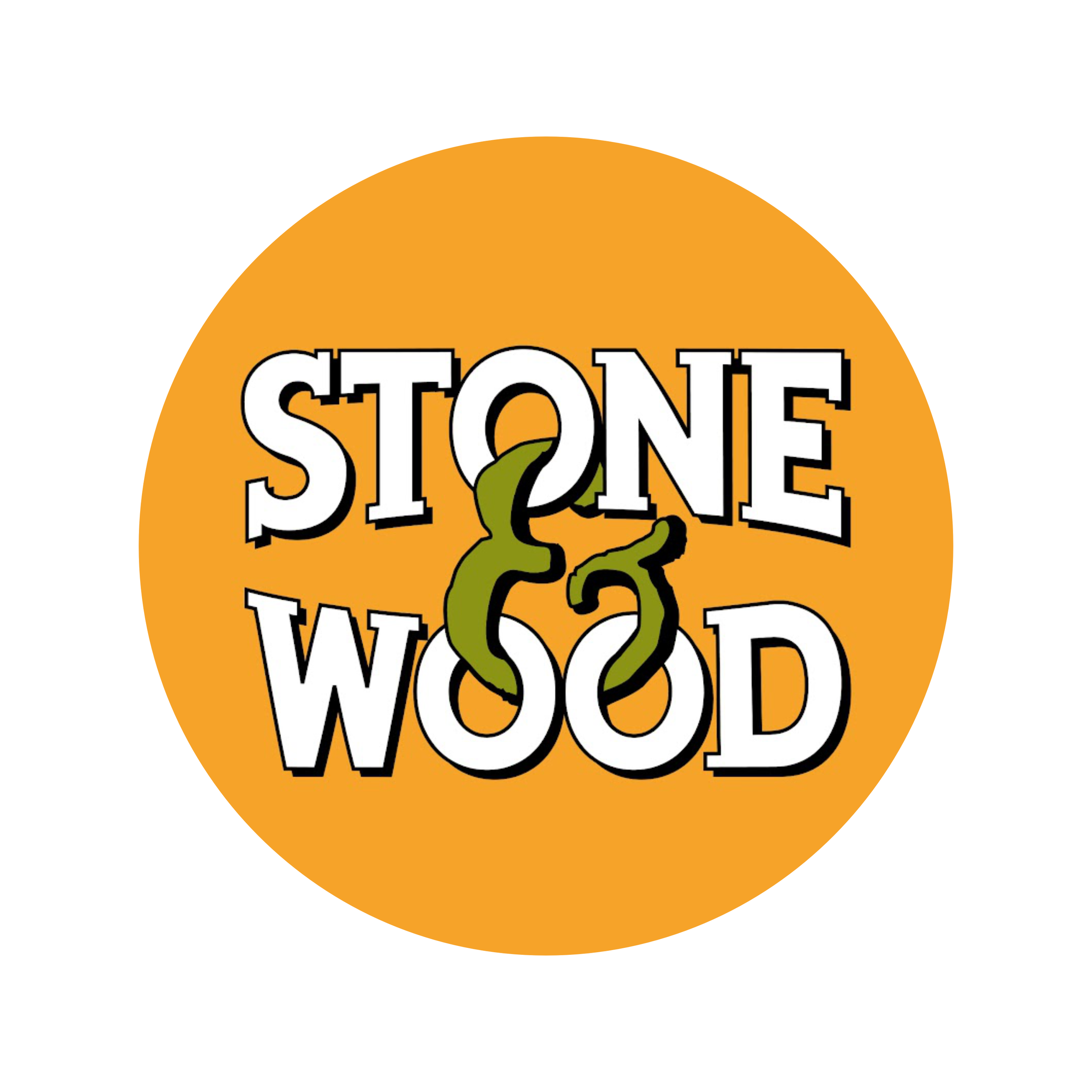 Logo with the words "STONE & WOOD" in black and white font, a green vine wrapping around the ampersand, set against an orange circular background.