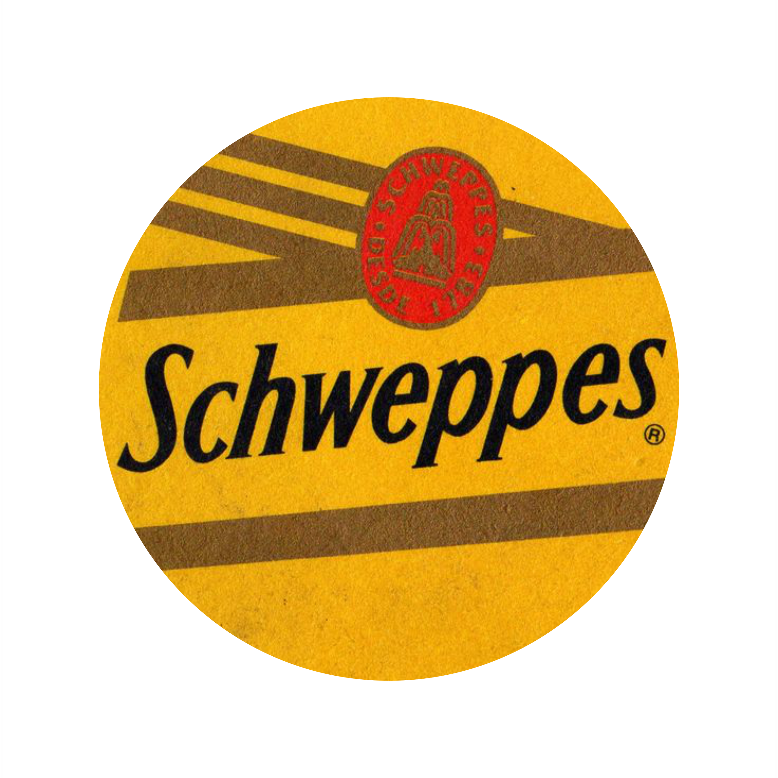 Yellow circular logo of Schweppes, featuring black text and red emblem at the top, with brown diagonal stripes.