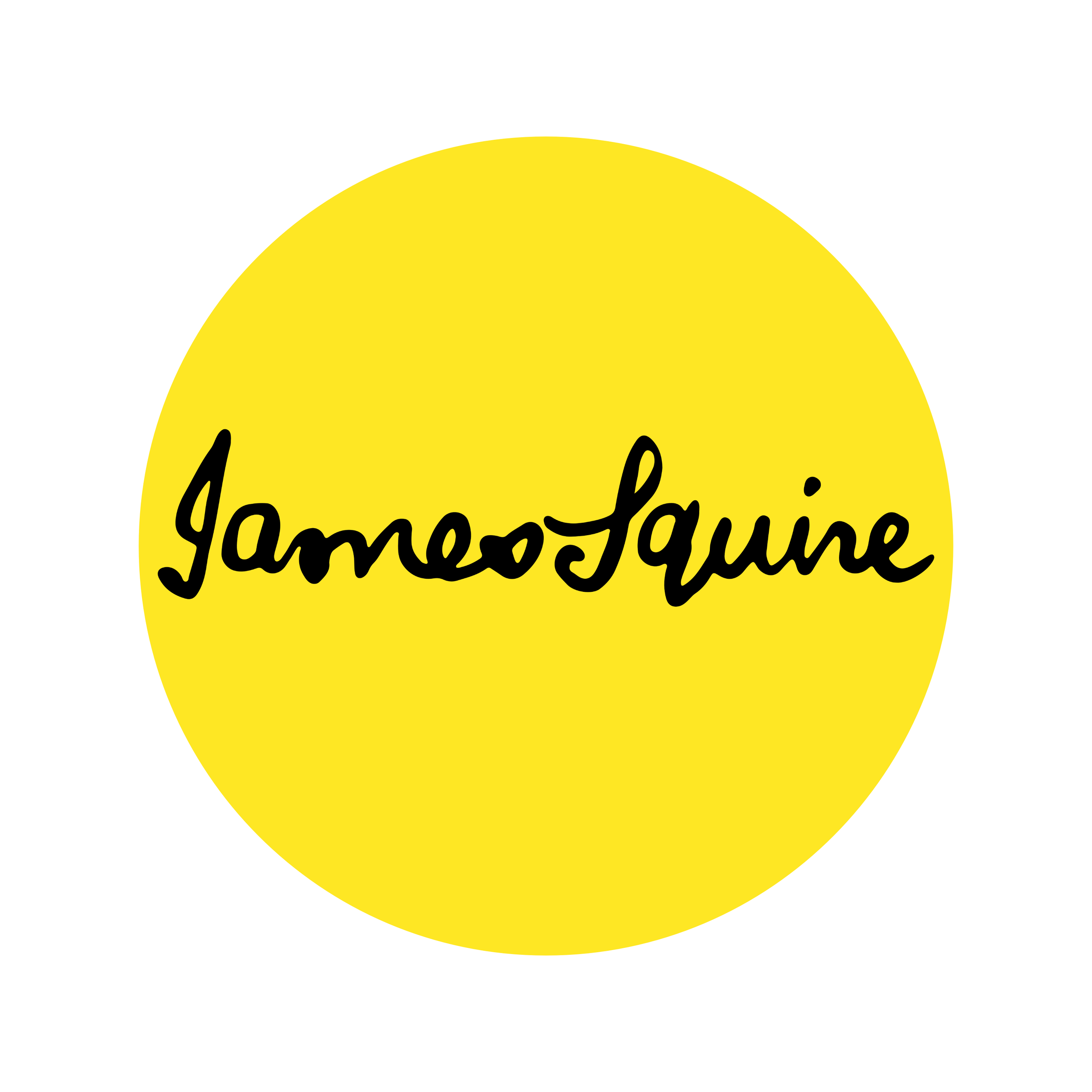 Yellow circle with black handwritten text that reads 'jamesquesine'