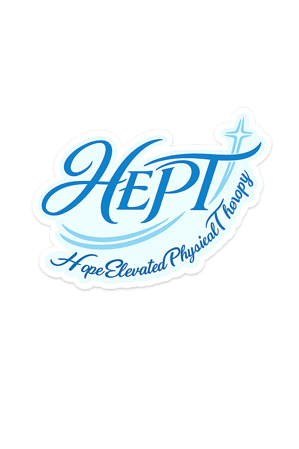 Logo for Hope Elevated Physical Therapy with blue script text and a cross design.