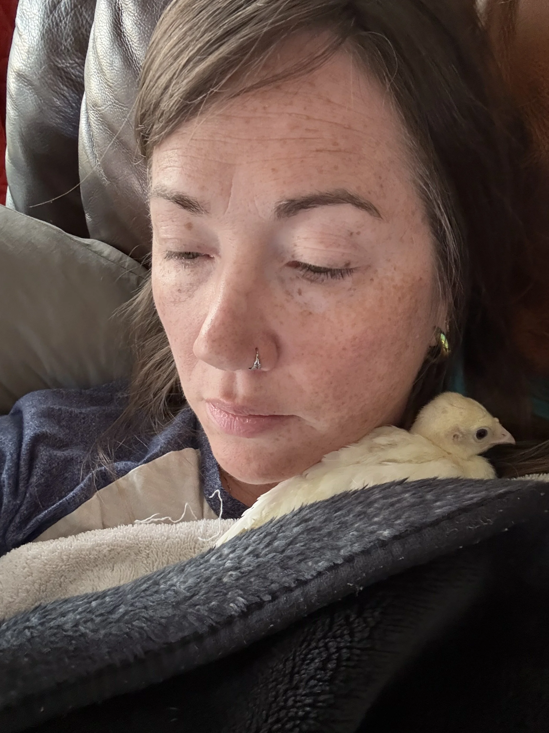 A woman with light skin, freckles, and a septum piercing, resting with her eyes closed, holding a small yellow chick against her chest.