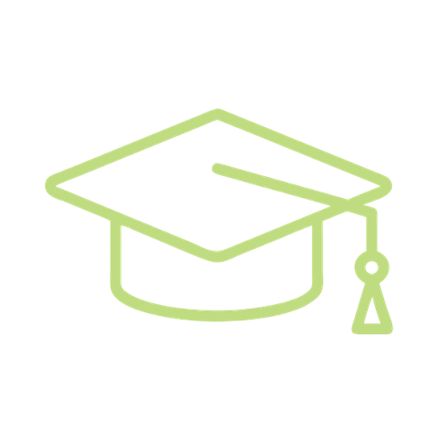 Green outline of a graduation cap with a tassel.