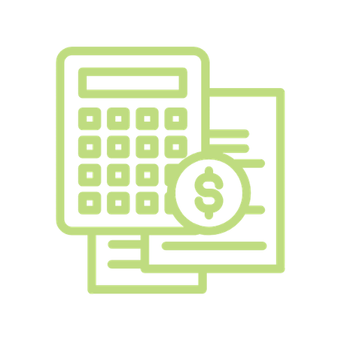 Outline of a calculator, a dollar sign coin, and financial documents on a black background.