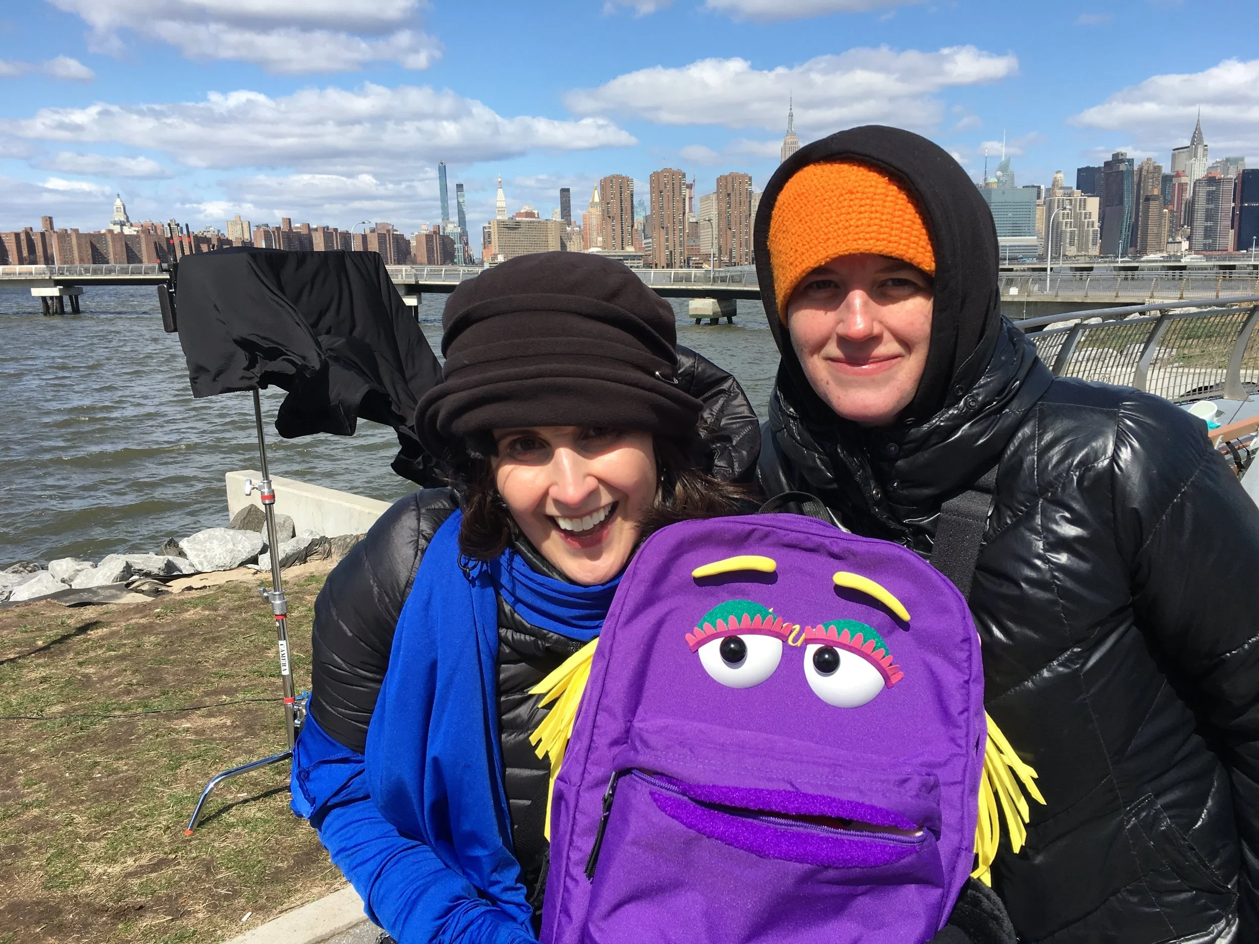 Jan S. Port Backpack puppet with puppeteers Stephanie D'Abruzzo and Anney  Fresh Ozar on the NYC waterfront