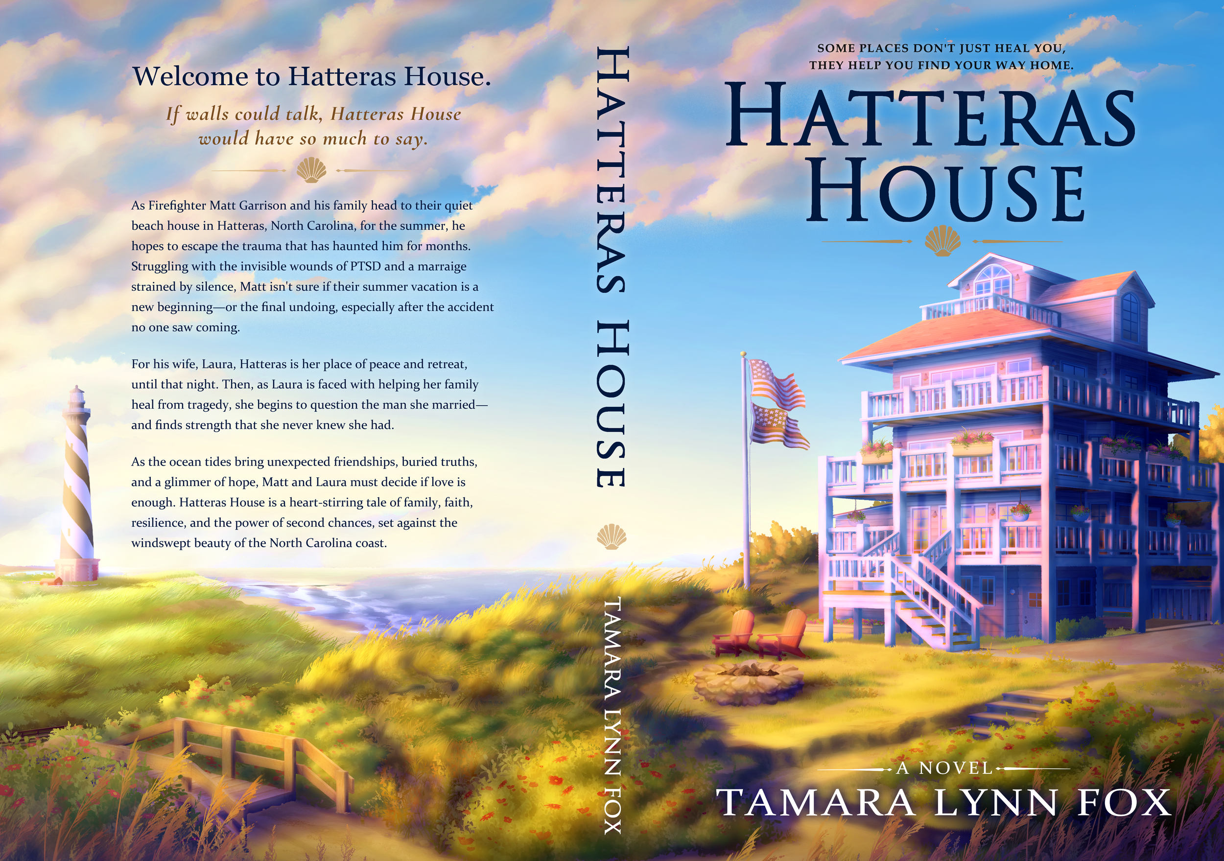 Book cover with illustration of a beach house on a grassy coastline with a lighthouse, American flags, a deck with chairs, and a sky with clouds at sunset. The title is 'Hatteras House' by Tamara Lynn Fox. The back cover contains a summary of the novel.