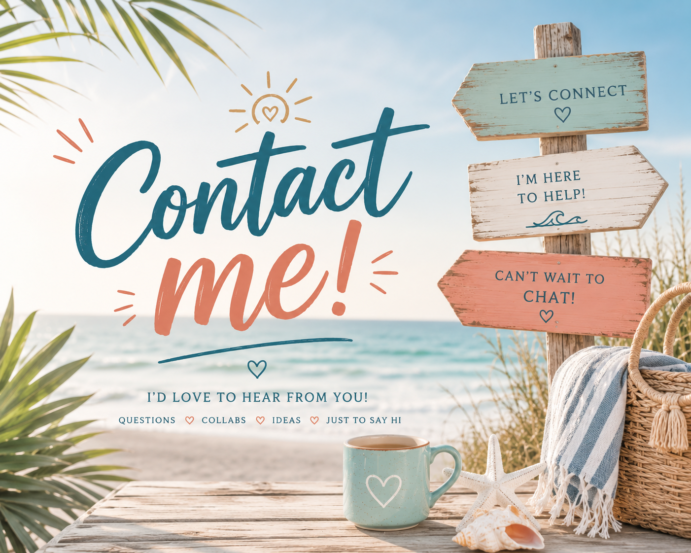 A beach scene with a wooden table, a seashell, a starfish, a turquoise mug with a heart, a woven basket with a towel, and colorful wooden signs that say "Let's connect," "I'm here to help," and "Can't wait to chat!". The background shows sand, ocean, and a blue sky.