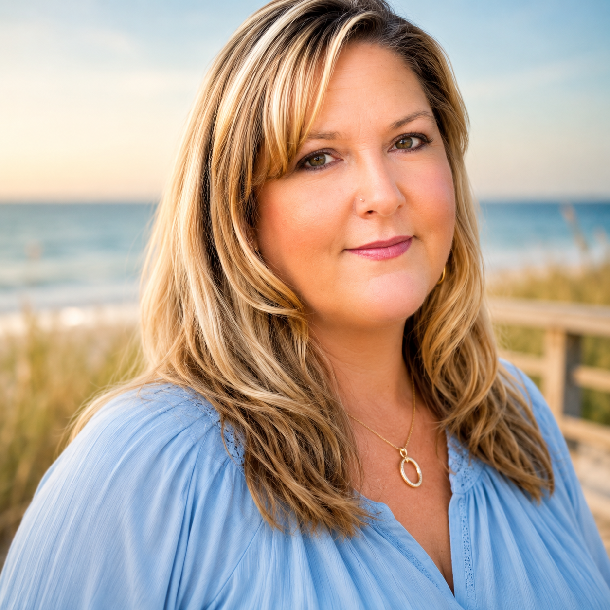 A woman with blonde, wavy hair and a light blue blouse standing outdoors near the beach, smiling slightly with the ocean and sky in the background.