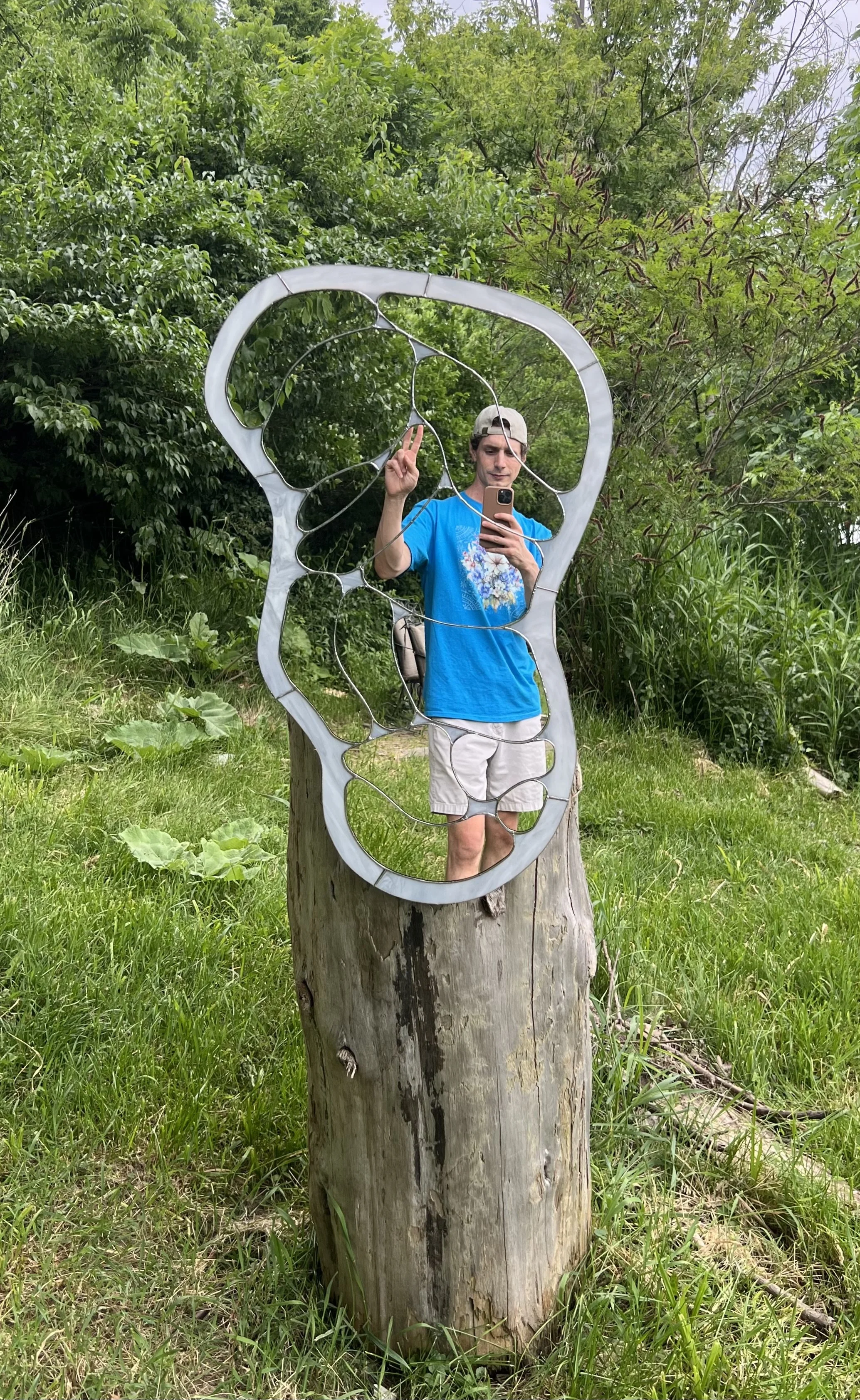 A person taking a selfie in a mirror outdoors, making a peace sign, surrounded by green trees and grass, standing on a tree stump with an abstract metal frame mirror.