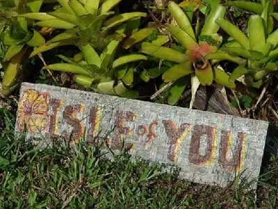 Wooden sign with the text "Isle of You" among green plants.