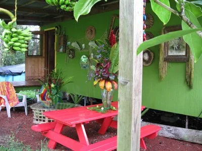 Outdoor patio with a green wall, red picnic table, and hanging decorations