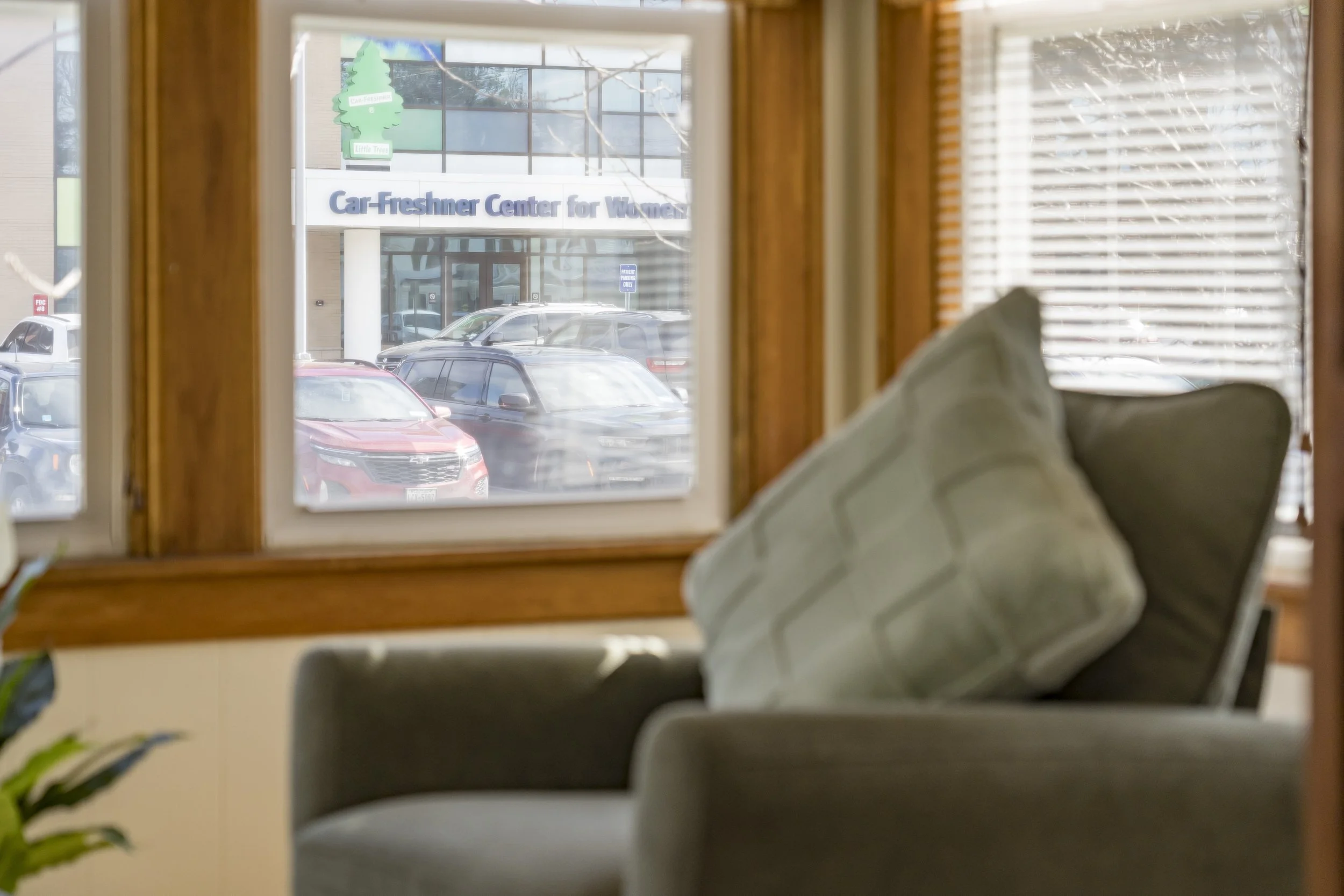 View from inside a room looking through a window at a parking lot with cars and a building labeled "Car-Freshner Center for Women."