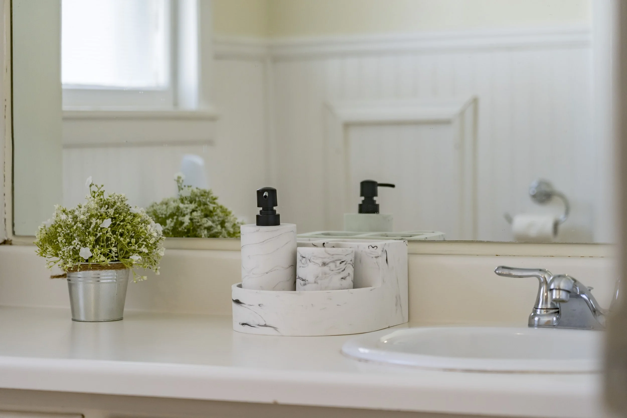 Bathroom countertop with a potted plant, marble soap dispenser, marble soap dish with a soap bar, and a sink with a silver faucet, reflected in a mirror.