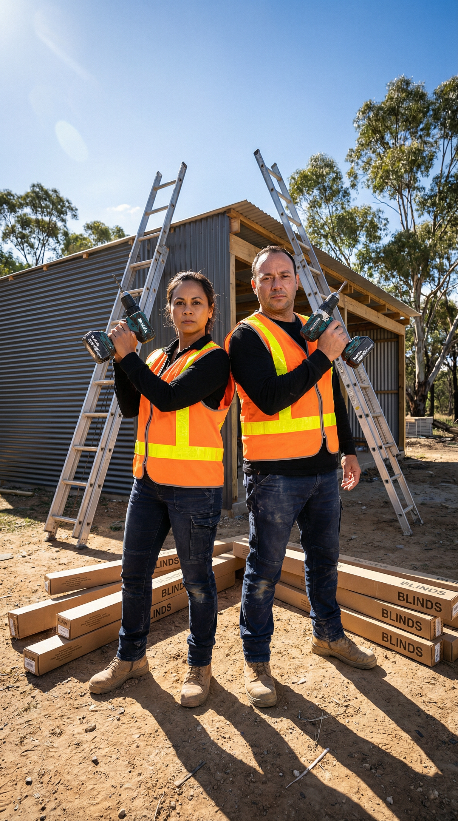 Two construction workers, a woman and a man, standing outdoors at a construction site, dressed in safety vests and holding power drills, with scaffolding and building materials around them.