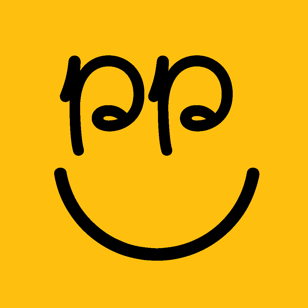 A yellow background with a black smiley face and the word 'pop' written on it.