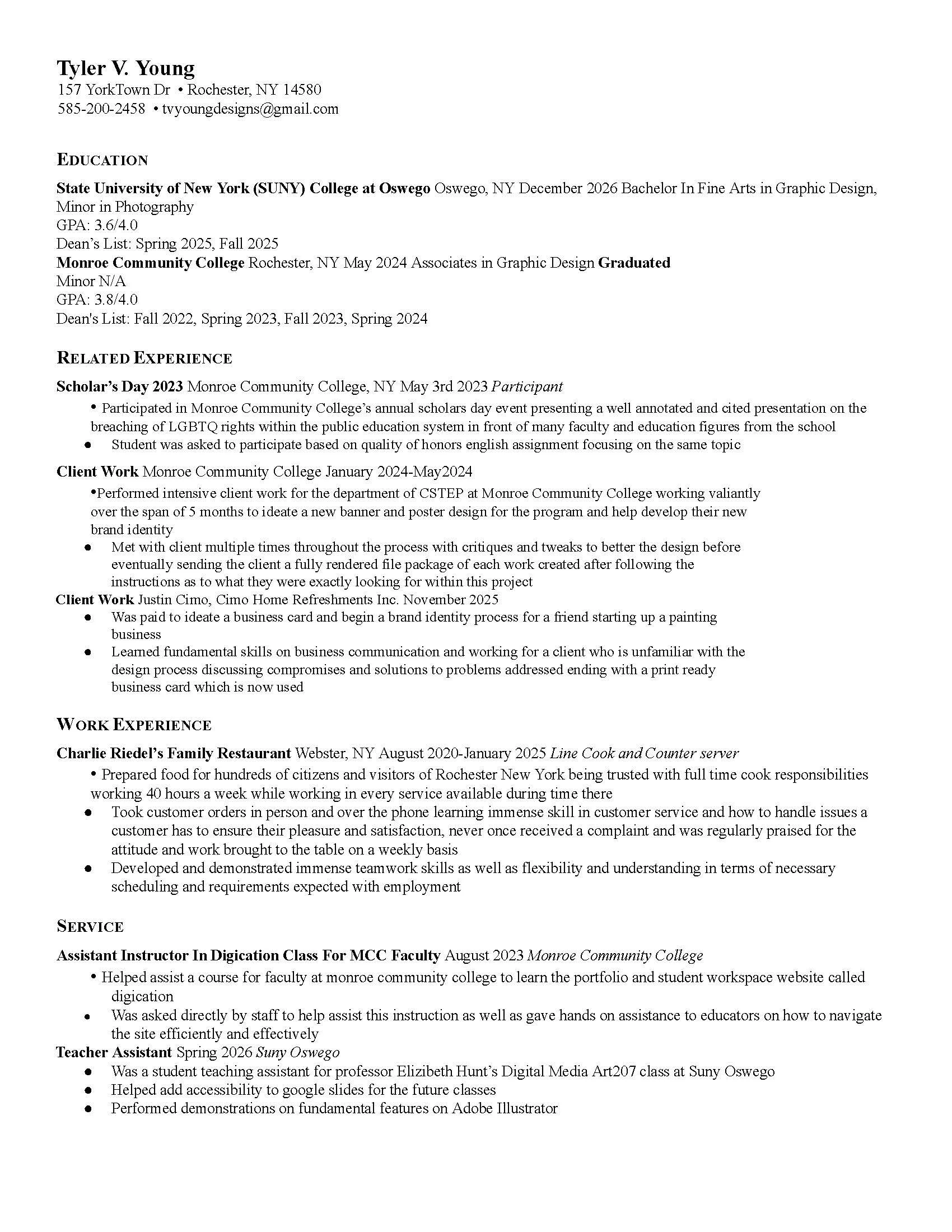 Resume of artists experience, full written page