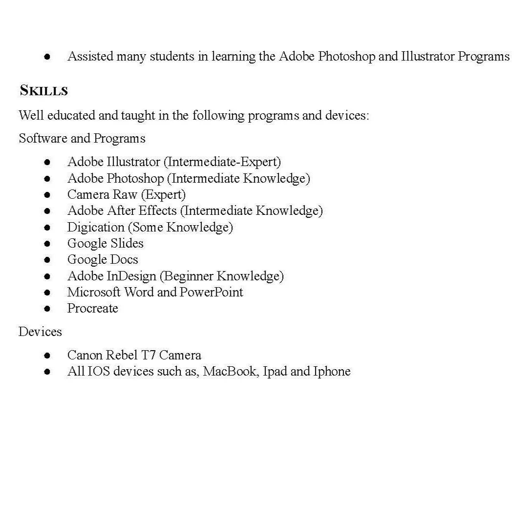 Resume of artists experience, full written page
